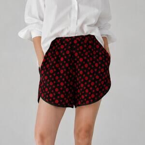 ANOUKI Red Velvet Hearts Sheer Silk Black Mini Shorts, size 6